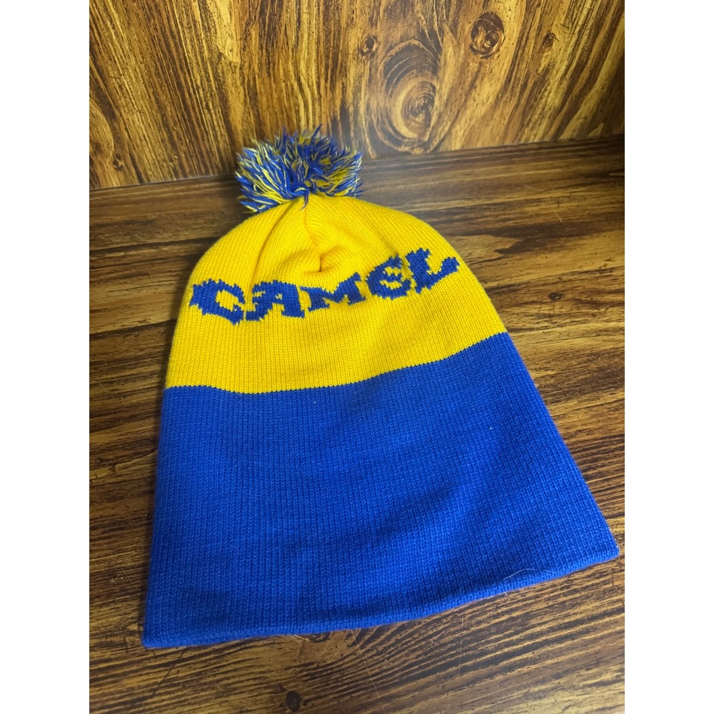 Vintage Camel Cigarettes Beanie Hat Blue Yellow Pom Joe Camel 80s 90s Promo